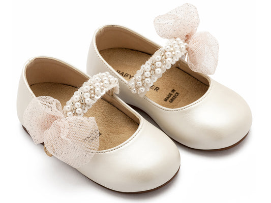 Babywalker Γοβάκι Μονή Μπαρέτα Διακοσμημένη με Χειροποίητο Διακοσμητικό BS3596 Εκρού