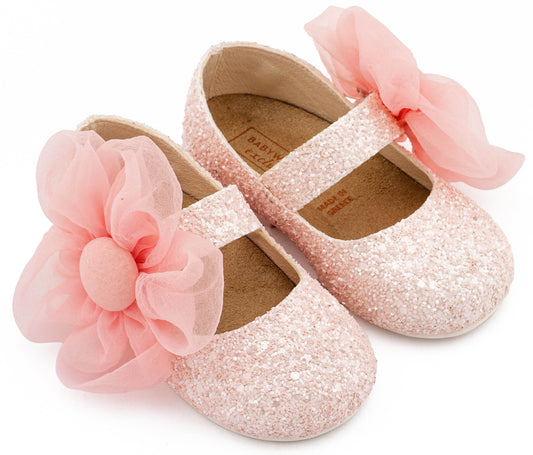 Babywalker Γοβάκι Μονή Μπαρέτα Διακοσμημένο με Μεγάλο Λουλούδι Οργάντζας EXC5899 Ροζ