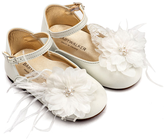 Babywalker Γαλλικό Γοβάκι με Χειροποίητο Chiffon Λουλούδι και Πούπουλα EXC5902 Εκρού