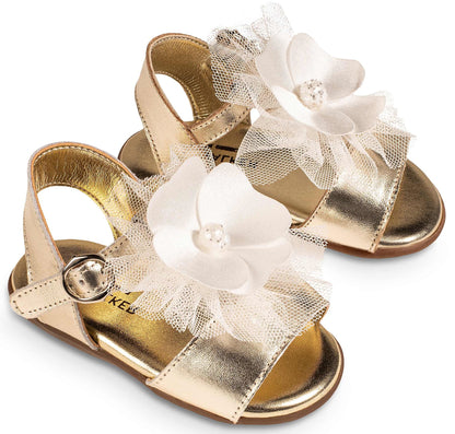 Πέδιλο Διακοσμημένο με Υφασμάτινο Χειροποίητο Λουλούδι με Πέρλα PRI2630 Χρυσό Εκρού