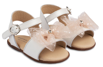 Sandal with Handmade Tulle and Rhinestone Bow PRI2612 Ecru Nude