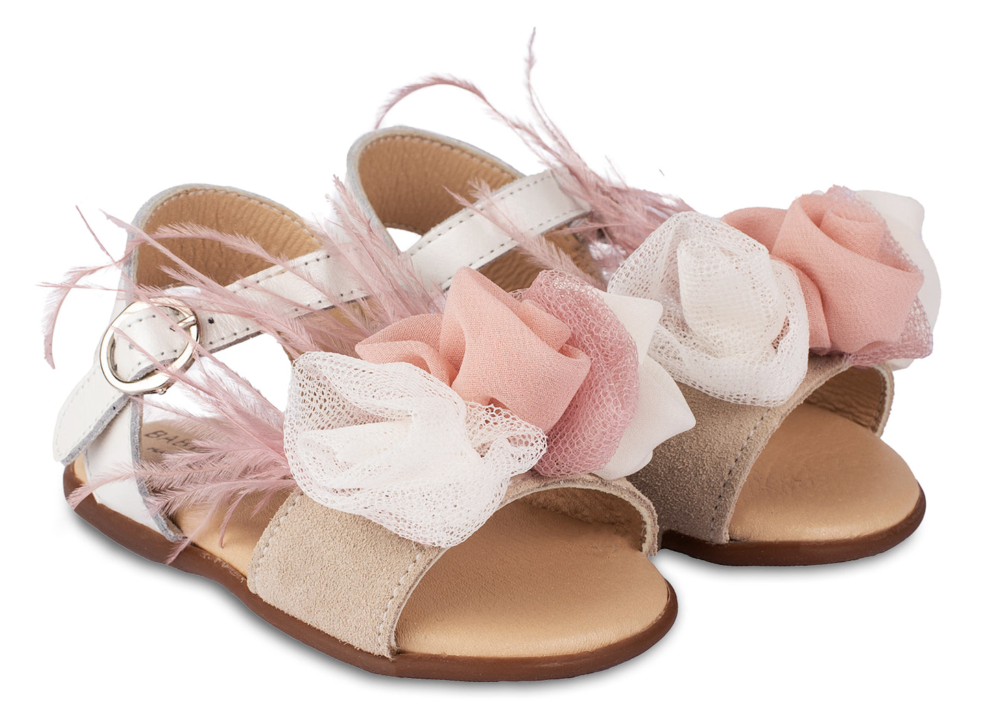 Slipper Decorated with Flowers and Feathers PRI2616 Ecru Pink